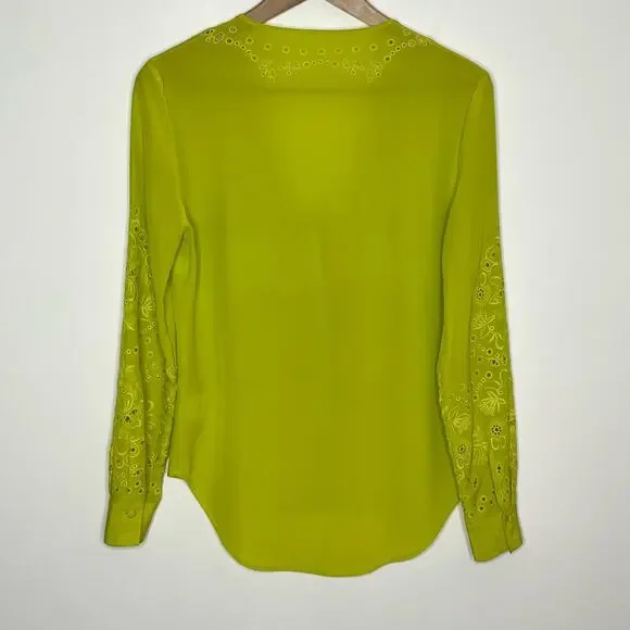 Veronica Beard Womens Long Sleeve Silk Blouse 0 Green Floral Embroidered V Neck - Picture 9 of 16